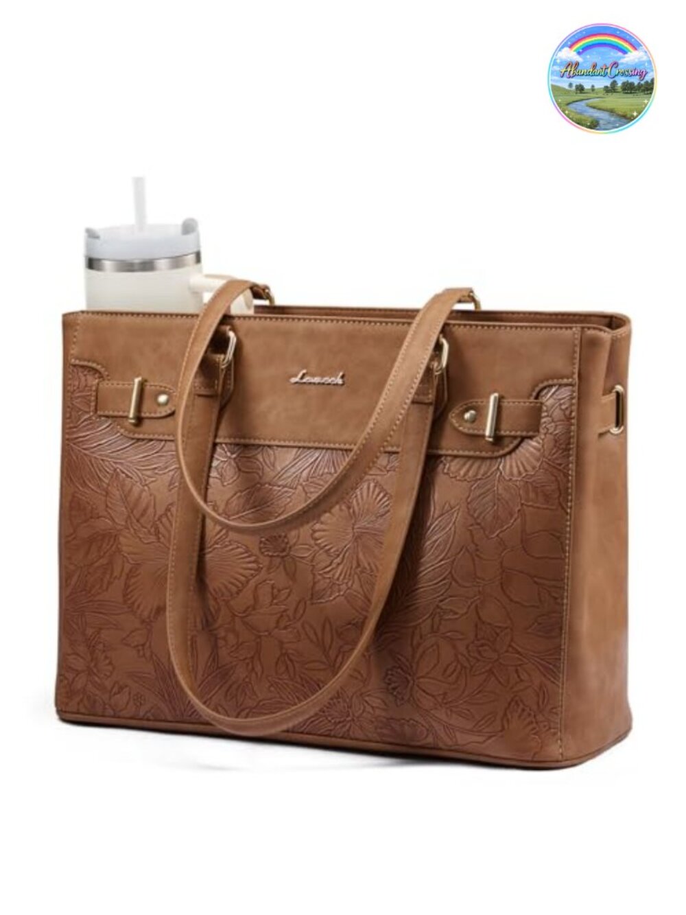 Waterproof PU Leather Laptop Tote Bag with Cup Holder, 15.6 Inch Office Work Bag